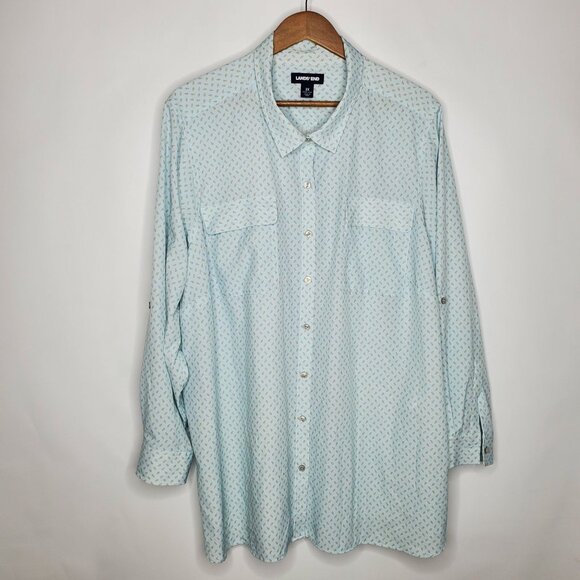 Lands End Womens Light Blue Geometric Button Front Blouse Pockets Career Stretch - Picture 1 of 9